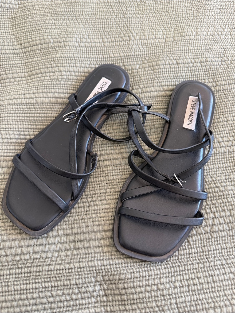 Steve Madden Black Leather Strappy Square-Toe Wrap Sandals